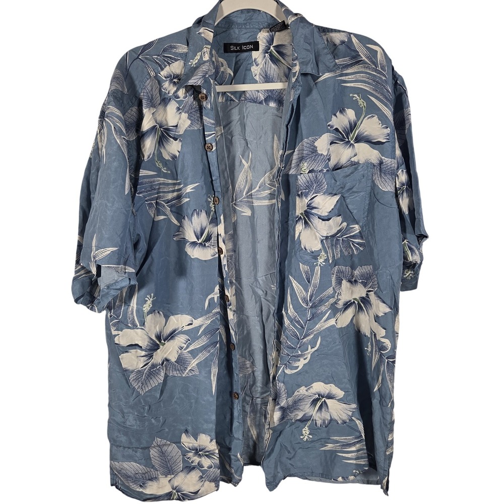 Silk Icon Button Up Shirt Mens Large Blue Floral Silk Hawaiian Camp Aloha Summer